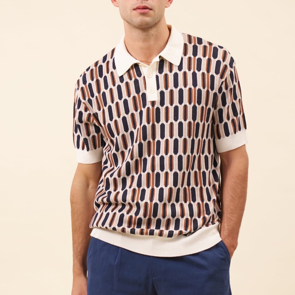Bound Geometric Polo Shirt in Cream, Brown, and Black Size XS